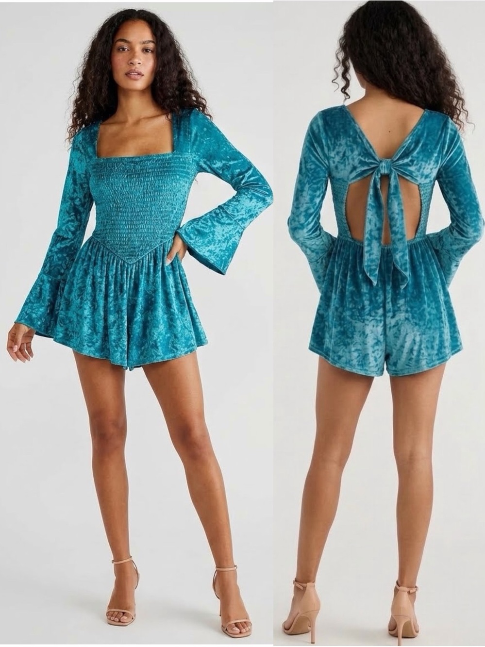 Free People Bali Tightrope Velvet Romper Bell Sleeve Turquoise Blue XS NWOT